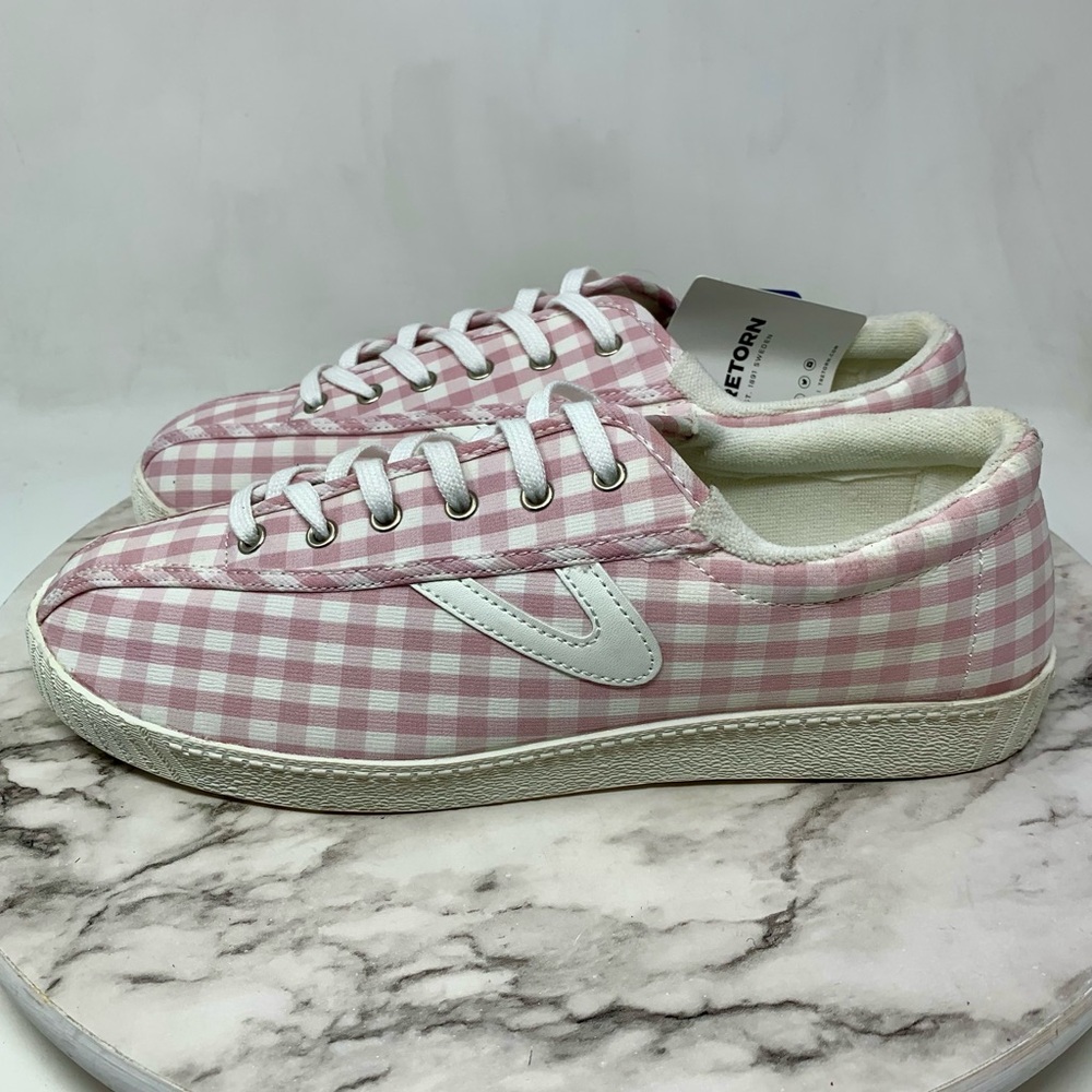 Tretorn Nylite Plus Lace Up Pink Gingham Sneakers 11 Retro Classic Preppy Casual - Picture 3 of 15